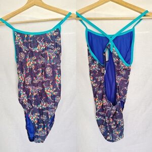 Sporti Swimsuit Thin Strap One Piece Keyhole Back Dinosaur Stained Glass Blue 38